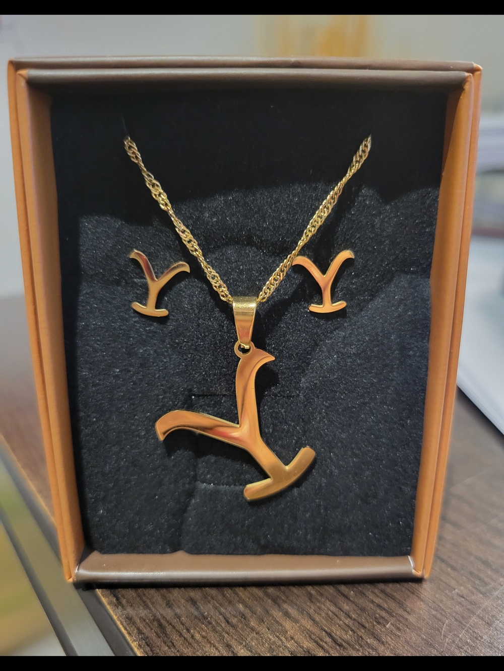 Official Gold-Tone Yellowstone "Y" Brand Pendant Necklace & Matching Earring Set